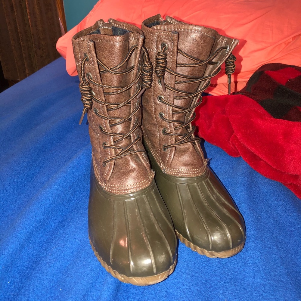 Brown and Olive Green duck boots